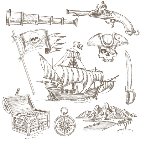 Pirate Elements Hand Drawn Setのイラスト素材