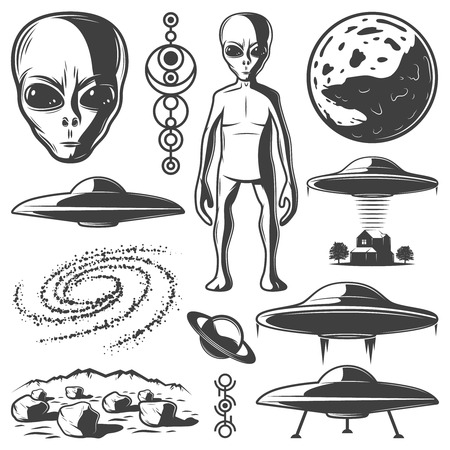 Vintage Monochrome UFO Elements Setのイラスト素材