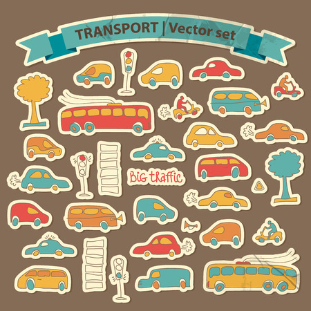 Transportation Doodle icon set with isolated cartoon cars trees motos and traffic light vector illustrationのイラスト素材