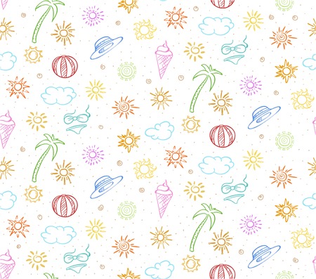 Doodle colorful summer vacation seamless pattern with suns ball palm tree hat ice cream bikini...
