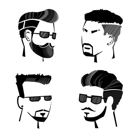 Sketch monochrome male hipster faces set with different hairstyle sunglasses beard and mustache isolated vector illustrationのイラスト素材