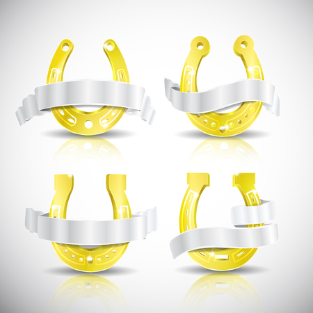 Four realistic gold horseshoes icon set with shadows and silver ribbons on white background vector illustrationのイラスト素材