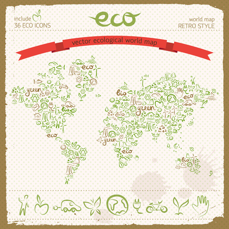 Eco design concept with ecological line icons set in world map shape with recycling wind turbine electromobile butterfly signs vector illustrationのイラスト素材