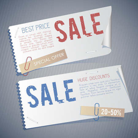 Vintage sale horizontal banners with old style promotional coupons stickers and clips vector illustrationのイラスト素材
