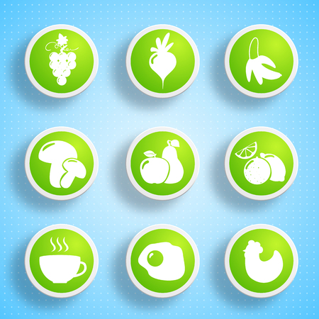 Healthy food icons collection with products valuable for human body on blue light background isolated vector illustrationのイラスト素材