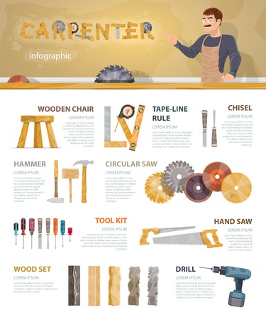 Colorful carpentry infographic template with professional instruments tools accessories and equipment of carpenter vector illustrationのイラスト素材