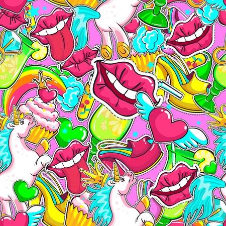 Comic fashion patches seamless pattern with unicorn lips shoes hearts cake cocktail diamond ring crown rainbow lipstick vector illustrationのイラスト素材