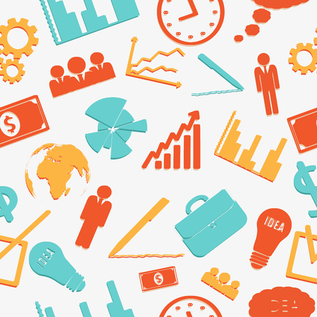 Abstract business seamless pattern with colorful icons on gray background isolated vector illustrationのイラスト素材