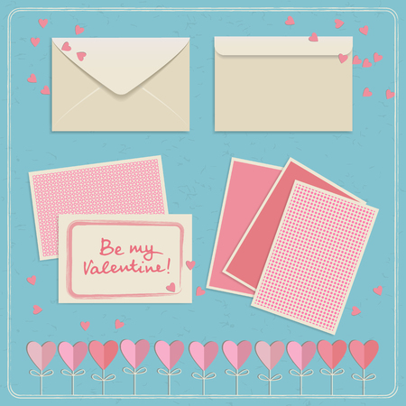Cute valentines day postcards and envelopes set in white and pink colors on blue with hearts flat isolated illustrationのイラスト素材