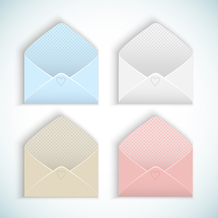 Cute design empty valentines day opened envelopes in pastel colors for postcards set isolated on white with shadows flat illustrationのイラスト素材