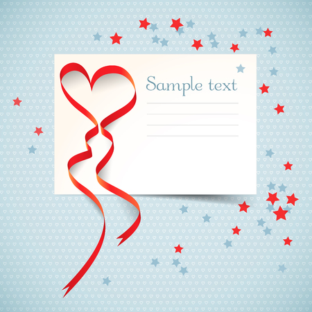 Black white postcard with text field and red heart ribbon on blue textural background with colorful stars flat vector illustrationのイラスト素材