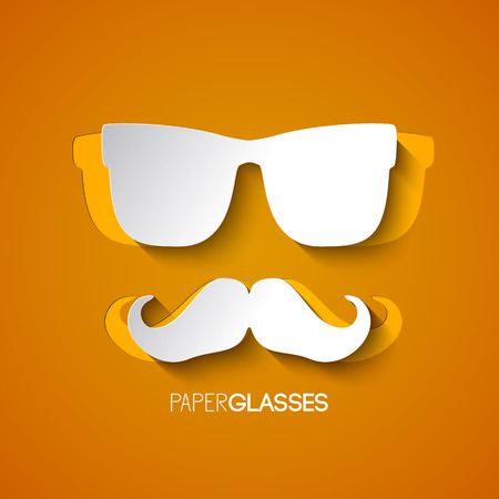 Design from white mustache and glasses of hipster on orange background in paper style vector illustrationのイラスト素材