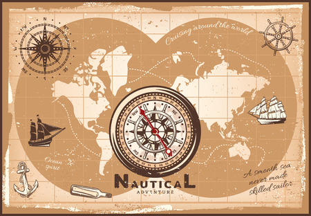 Vintage Nautical World Map Template vector illustration.