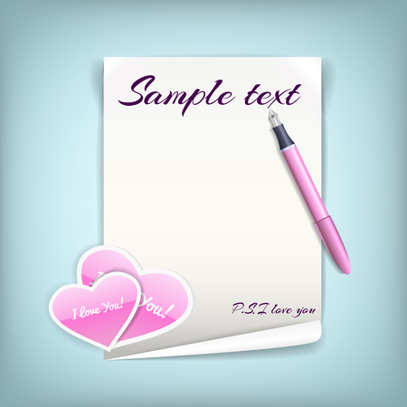 Black white sheet of paper with pink hearts for love letter with pen on blue background flat vector illustrationのイラスト素材