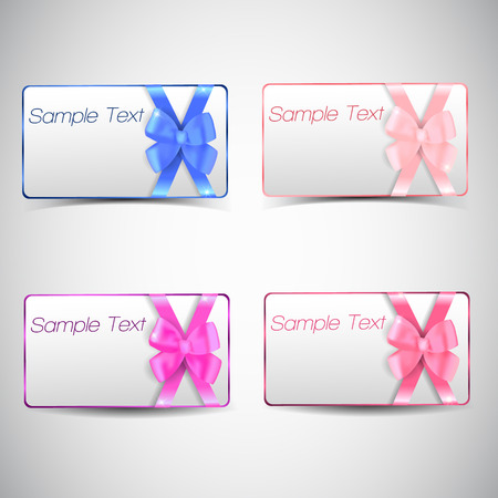 Flat blank gift cards set with colorful bows and sample text isolated on light gray background vector illustrationのイラスト素材