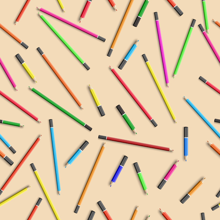 School learning seamless pattern with colorful wooden pencils in realistic style vector illustrationのイラスト素材