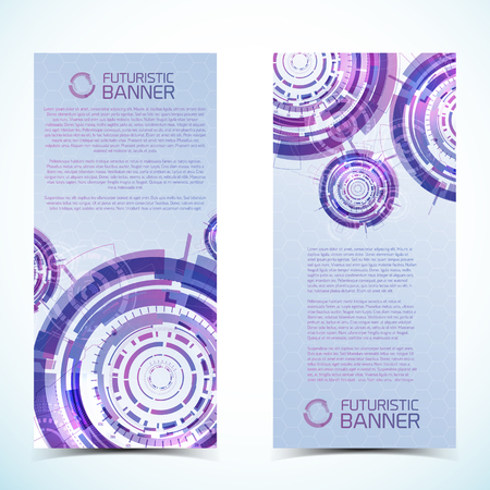 Two isolated vertical modern virtual technology banners set with compositions of futuristic circles title and text place vector illustrationのイラスト素材