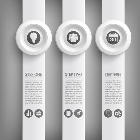 Business infographic web concept with icons three vertical banners and round buttons in gray colors vector illustrationのイラスト素材