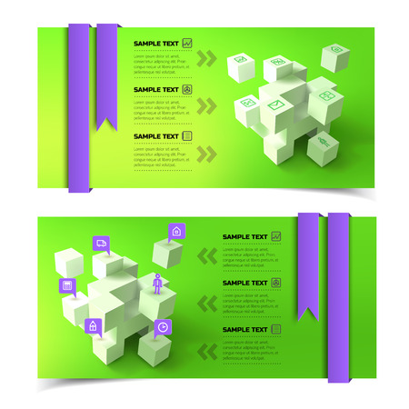 Business presentation infographic horizontal banners with 3d cubes text icons ribbons on green background isolated vector illustrationのイラスト素材