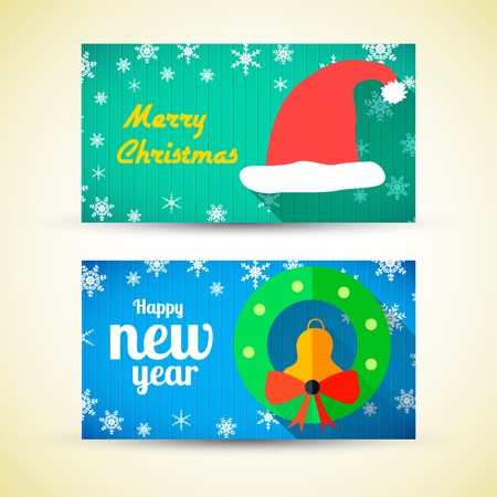 Greeting horizontal banners with Santa Claus hat jingle bell bow and snow in flat style vector illustrationのイラスト素材