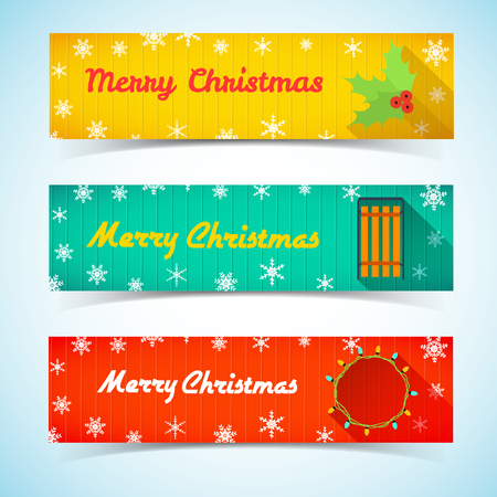 Merry Christmas festive horizontal banners with holly sleigh light garland and snow.のイラスト素材