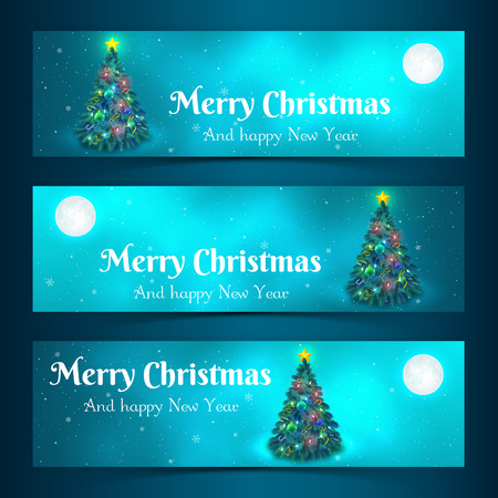 Merry christmas horizontal banners set with decorated christmas tree in moonlight flat isolated vector illustrationのイラスト素材
