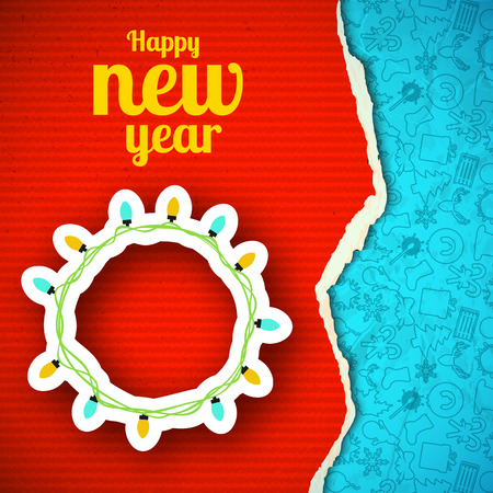 Happy New Year paper design template with cut light garland and sketch line icons pattern illustration.のイラスト素材