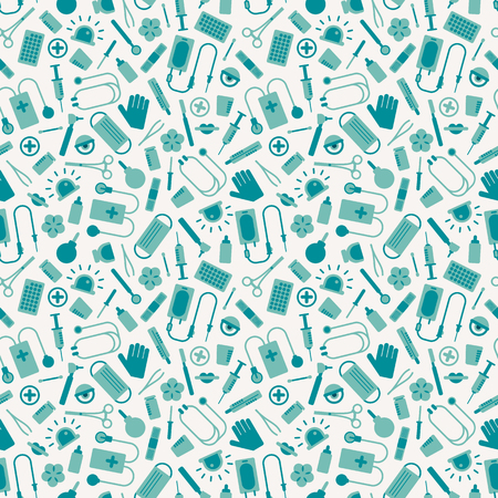 Medical tools and instruments seamless pattern in white and blue colors flat vector illustrationのイラスト素材