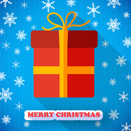 Merry christmas blue postcard with big red present box with yellow ribbon flat vector illustrationのイラスト素材