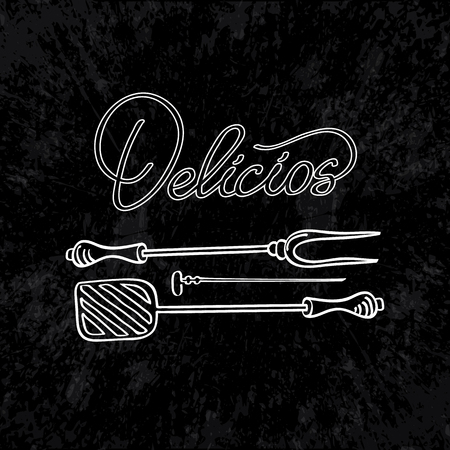 Barbecue Time Typographical Template with skewers design drawing on black backgroundのイラスト素材