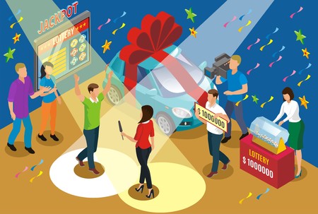 Isometric winning lottery concept with reporters car as prize and jackpot happy winner under spotlight vector illustration のイラスト素材