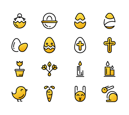 Monochrome set of easter yellow icons with eggs, animal, candle, cross and many different traditional elements and objects on the white background vector illustrationのイラスト素材