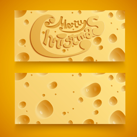 Abstract Christmas horizontal banners with porous cheese background and greeting inscription isolated vector illustrationのイラスト素材