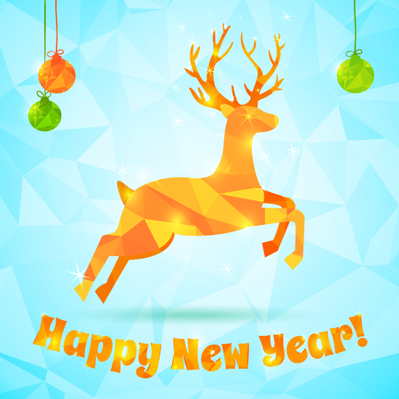 Colorful happy new year background with deer image and christmas baubles flat vector illustrationのイラスト素材