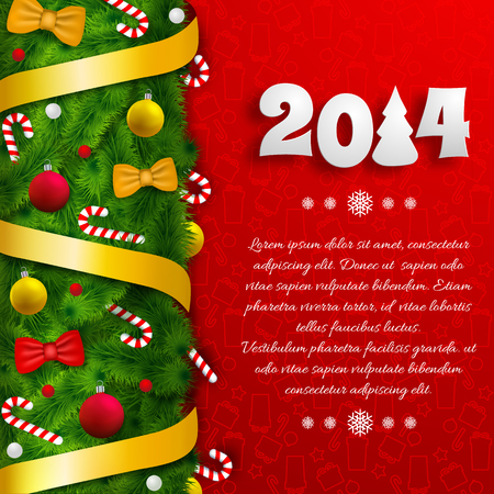 Merry Christmas festive poster with green fir twigs text golden ribbons bows balls candies icons vector illustrationのイラスト素材