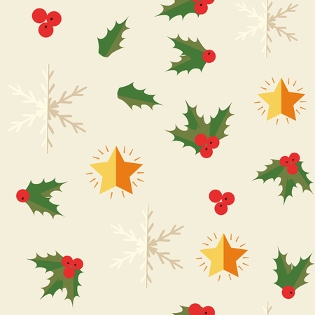 Happy New Year symbols seamless pattern with cartoons of snowflakes, leaves, berries on the white background hand drawn vector illustrationのイラスト素材