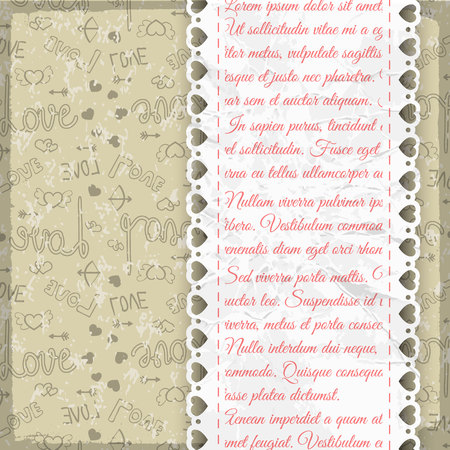 Light colored frill romantic seamless pattern with doodles and link text on white paper strip vector illustrationのイラスト素材