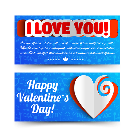 Romantic lovely horizontal banners with greeting text paper heart symbolic elements on blue background isolated vector illustrationのイラスト素材