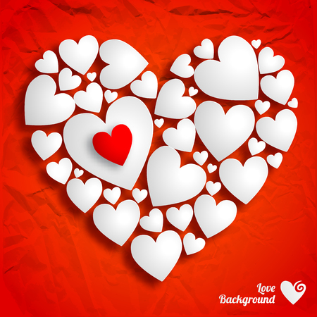 Valentines day template with composition from white hearts on red crumpled paper isolated vector illustrationのイラスト素材
