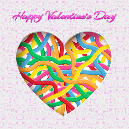 Amorous greeting template with inscription heart consists of colorful interweaving ribbons on gray icons background vector illustrationのイラスト素材