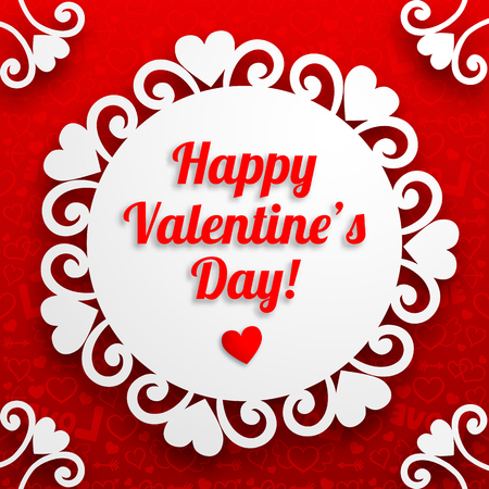 Amorous romantic template with greeting inscription hearts paper sticker ornament on red icons seamless pattern vector illustration.のイラスト素材