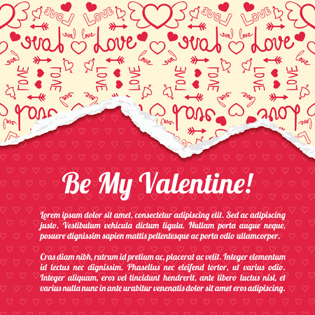 Romantic abstract poster with greeting text red hearts background and ragged icons light paper pattern vector illustrationのイラスト素材