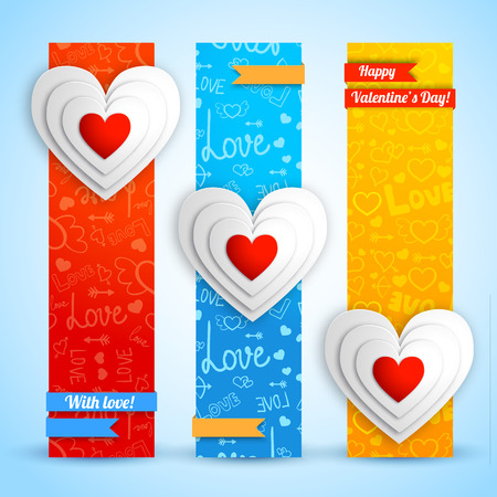 Lovely vertical banners with white paper hearts ribbons on blue red orange icons background isolated vector illustrationのイラスト素材