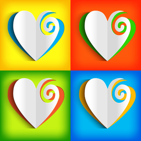 Paper white hearts collection on squares in yellow red blue green colors isolated vector illustrationのイラスト素材
