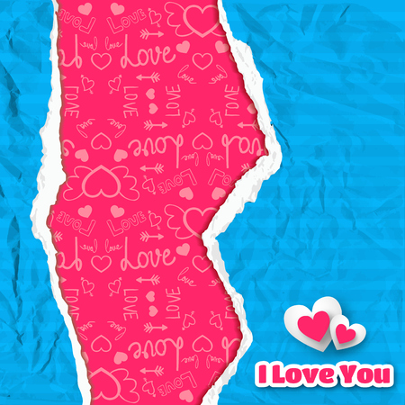 Happy Valentine's day poster with blue crumpled torn striped paper and icons pink pattern vector illustrationのイラスト素材