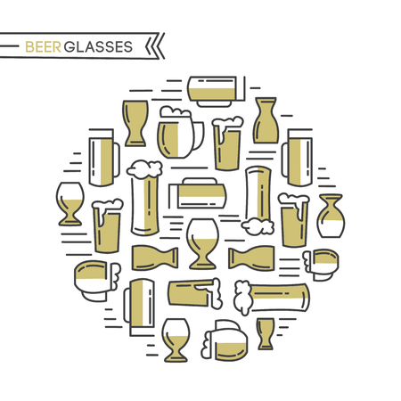 Beer glasses collection with different kinds of beige glasses pulled light beers and malts hand drawing on the white background vector illustrationのイラスト素材