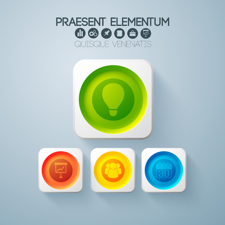 Abstract web concept with colorful round buttons in square frames and icons isolated vector illustrationのイラスト素材