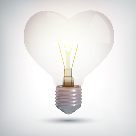 Realistic illuminated electric bulb concept in heart shape as symbol of love on gray background isolated vector illustrationのイラスト素材