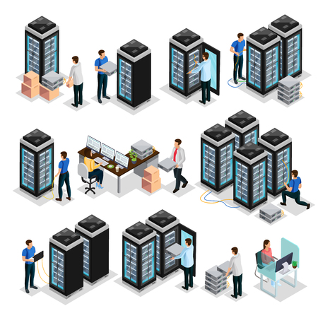 Isometric data center collection with engineers repair and  maintain hosting servers equipment isolated vector illustrationのイラスト素材