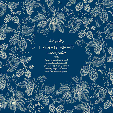 Abstract elegant natural sketch template with text and beer herbal hop plants on blue background vector illustrationのイラスト素材